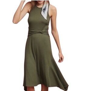 Anthropologie Olive Green Ribbed Twist Waist Handkerchief‎ Hem Midi Dress Small